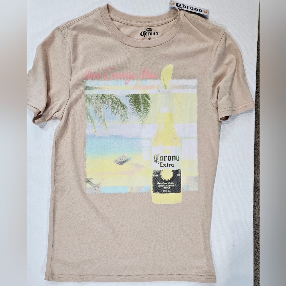 Corona T-shirt Mens‎ Small Beige Yellow Tropical Beach Beer Graphic Casual Tee